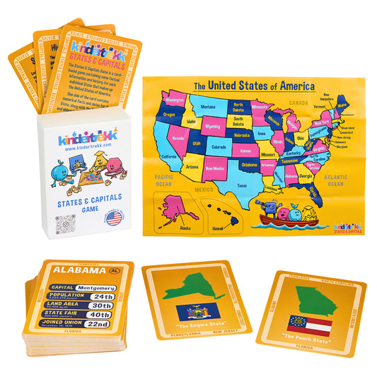 Kindertrekk USA States and Capitals Flash Cards | Learn All 50 States and Capitals | Additional State Facts Included | Use As Flashcards or Card Games | Made in The USA | Ages 6+